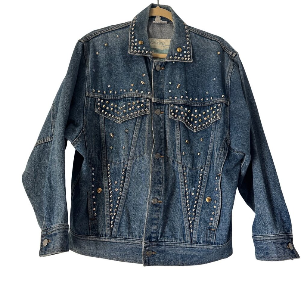 Y2K Freego Shades Of Blue Womens Embellished Oversize Denim Jacket, Size S